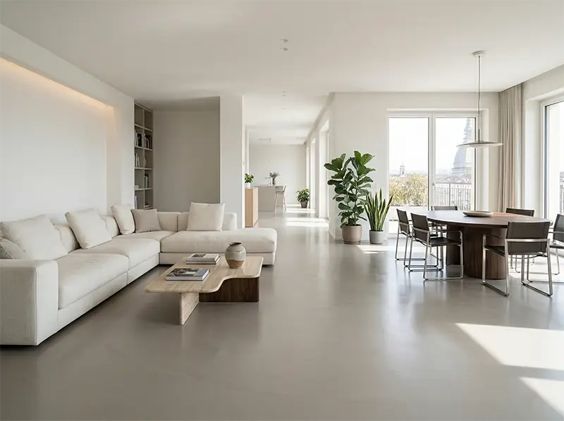 Sala moderna con pavimento in resina e arredamento minimalista a Torino